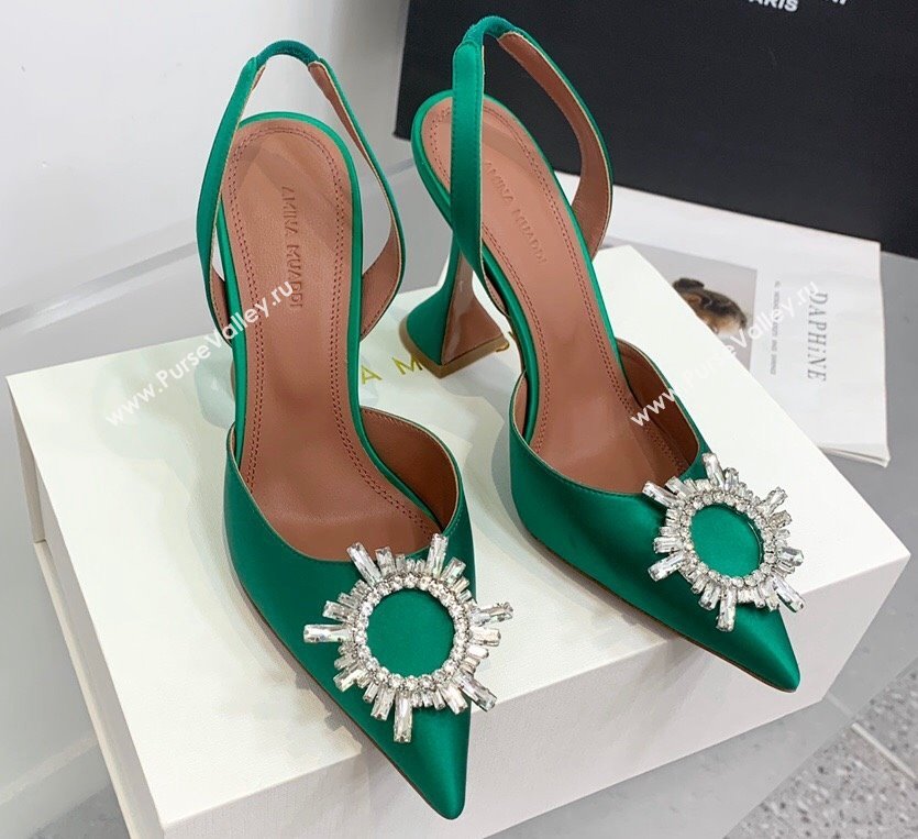 Amina Muaddi Heel 9.5cm Begum Sling Satin Green 02 with Starbust embellished brooch (keer-23122123)