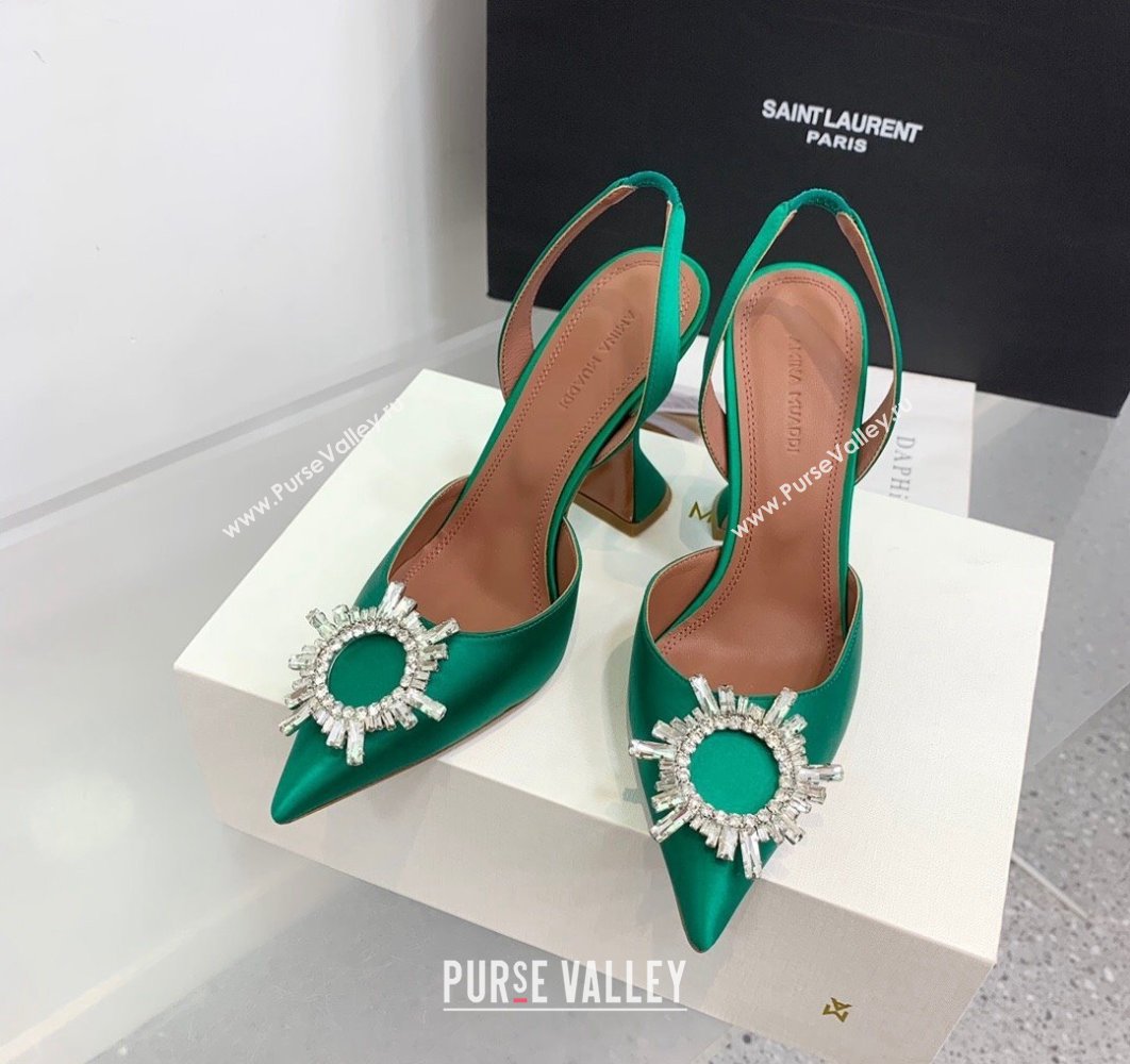 Amina Muaddi Heel 9.5cm Begum Sling Satin Green 02 with Starbust embellished brooch (keer-23122123)