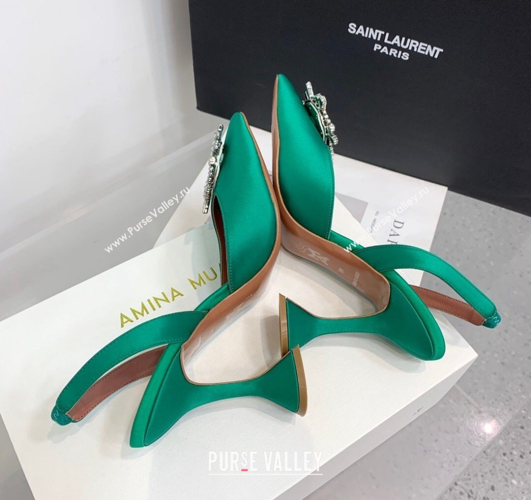 Amina Muaddi Heel 9.5cm Begum Sling Satin Green 02 with Starbust embellished brooch (keer-23122123)