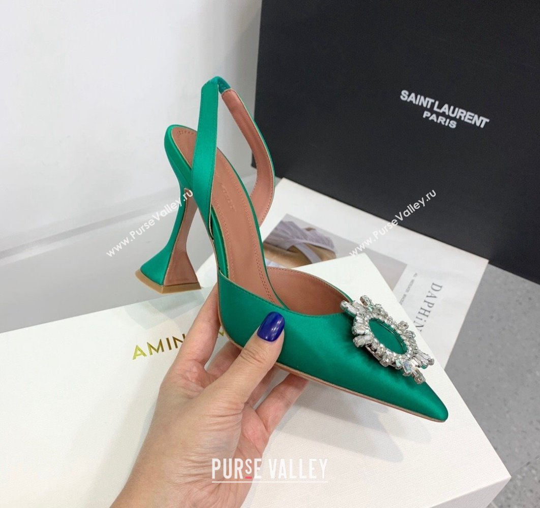 Amina Muaddi Heel 9.5cm Begum Sling Satin Green 02 with Starbust embellished brooch (keer-23122123)