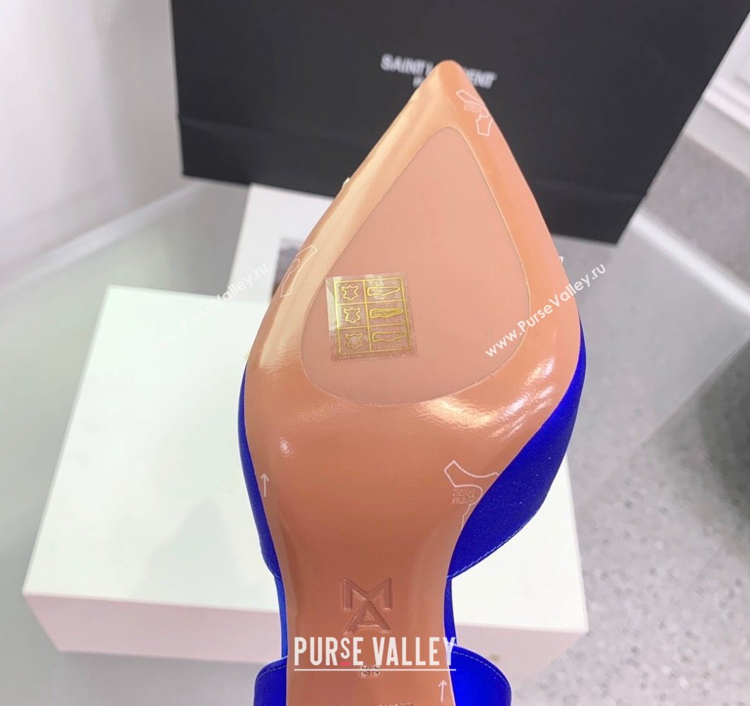 Amina Muaddi Heel 9.5cm Rosie Sling Satin Blue with Crystal embellished bow accessory (keer-23122102)