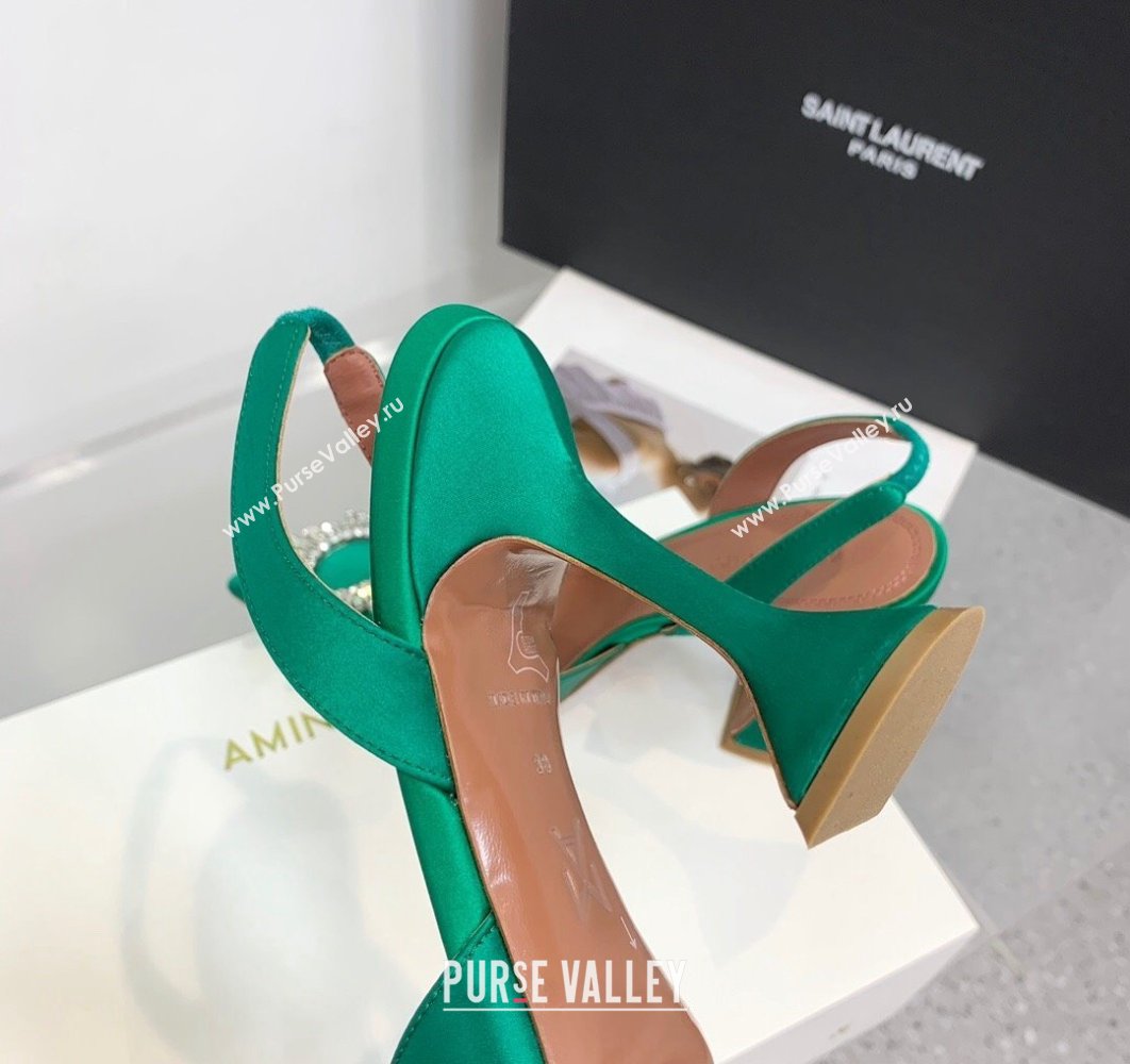 Amina Muaddi Heel 9.5cm Begum Sling Satin Green 02 with Starbust embellished brooch (keer-23122123)