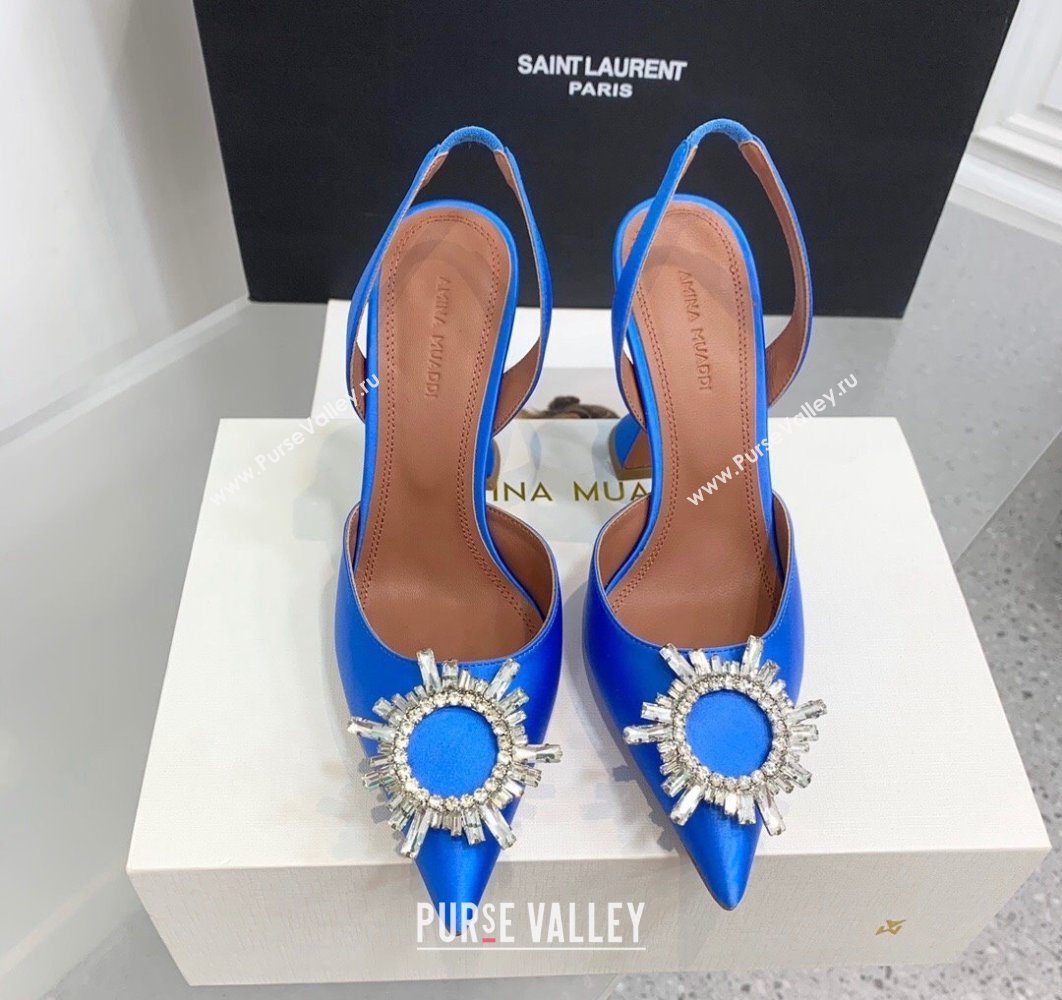 Amina Muaddi Heel 9.5cm Begum Sling Satin Blue 04 with Starbust embellished brooch (keer-23122120)