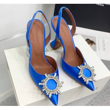 Amina Muaddi Heel 9.5cm Begum Sling Satin Blue 04 with Starbust embellished brooch (keer-23122120)