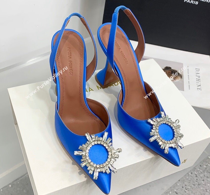 Amina Muaddi Heel 9.5cm Begum Sling Satin Blue 04 with Starbust embellished brooch (keer-23122120)