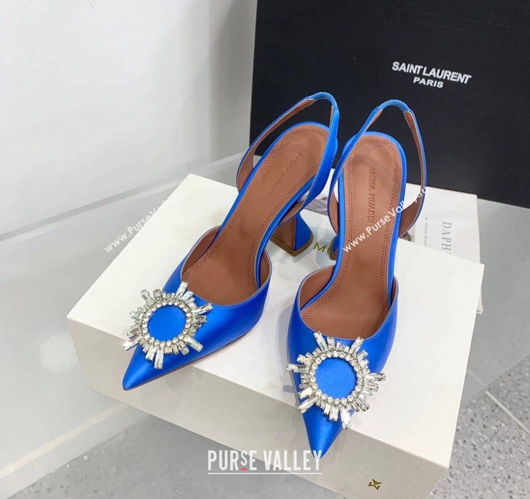 Amina Muaddi Heel 9.5cm Begum Sling Satin Blue 04 with Starbust embellished brooch (keer-23122120)