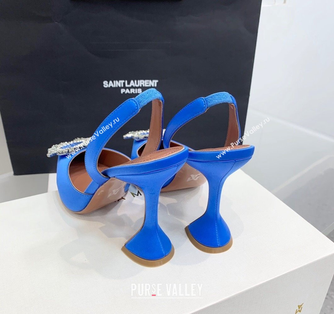 Amina Muaddi Heel 9.5cm Begum Sling Satin Blue 04 with Starbust embellished brooch (keer-23122120)