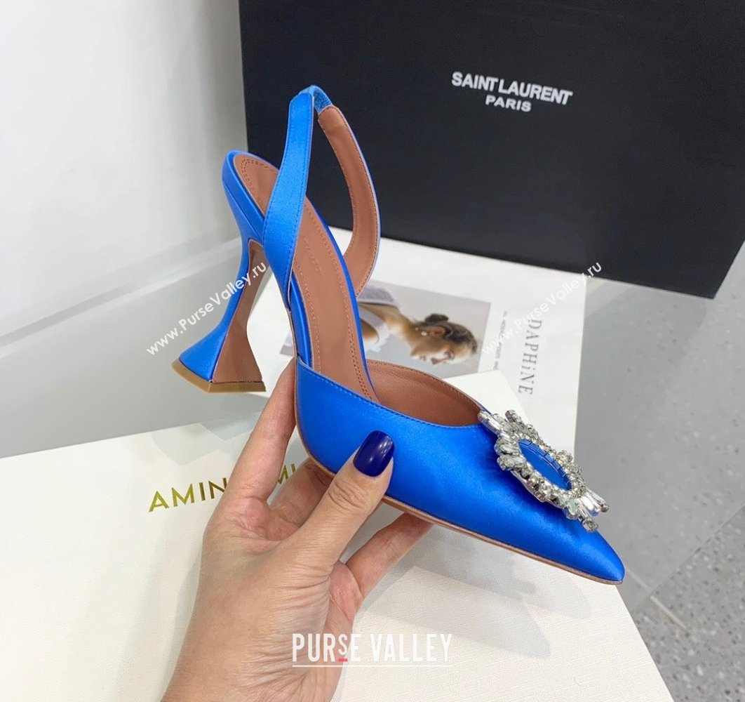 Amina Muaddi Heel 9.5cm Begum Sling Satin Blue 04 with Starbust embellished brooch (keer-23122120)