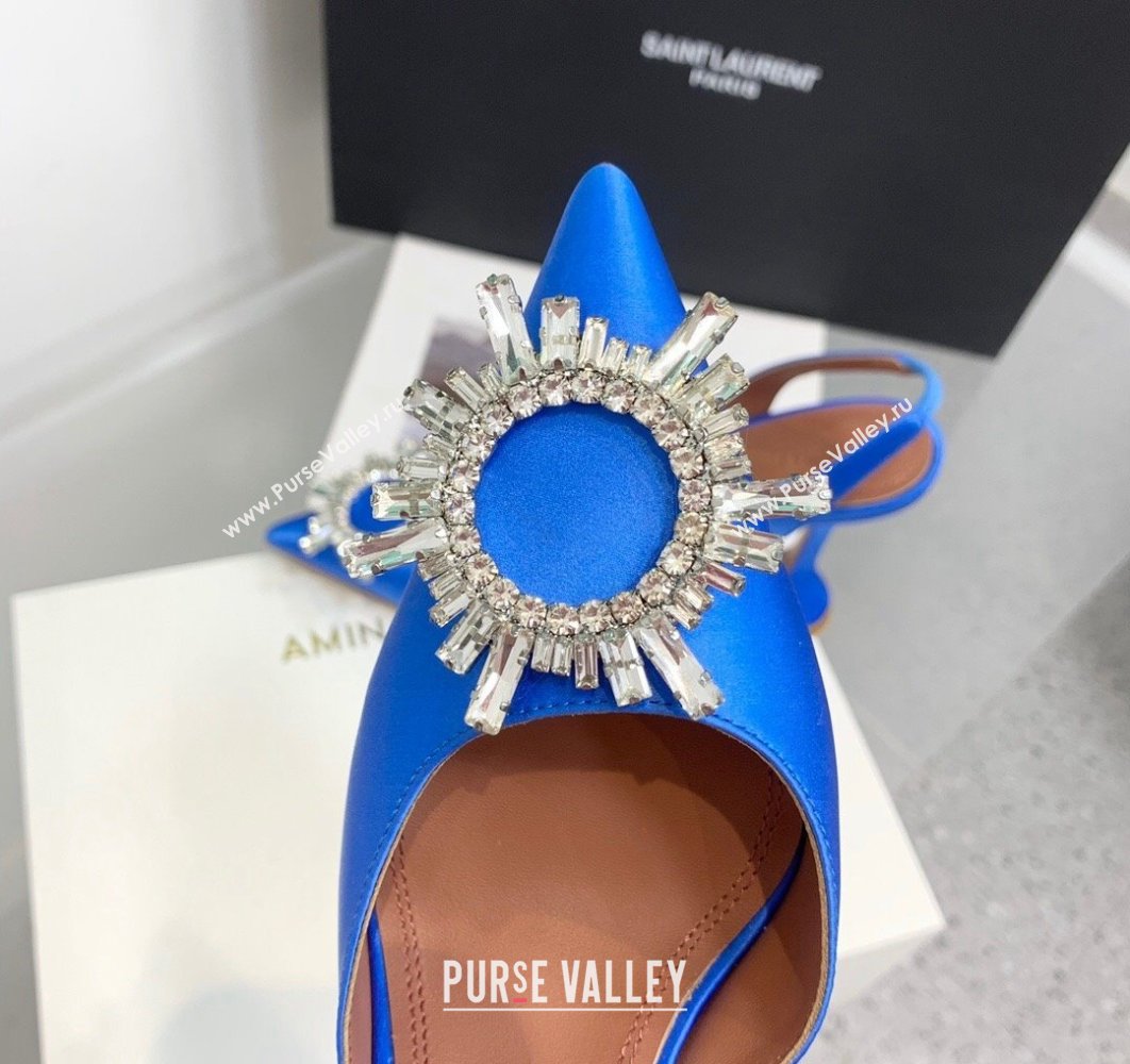 Amina Muaddi Heel 9.5cm Begum Sling Satin Blue 04 with Starbust embellished brooch (keer-23122120)