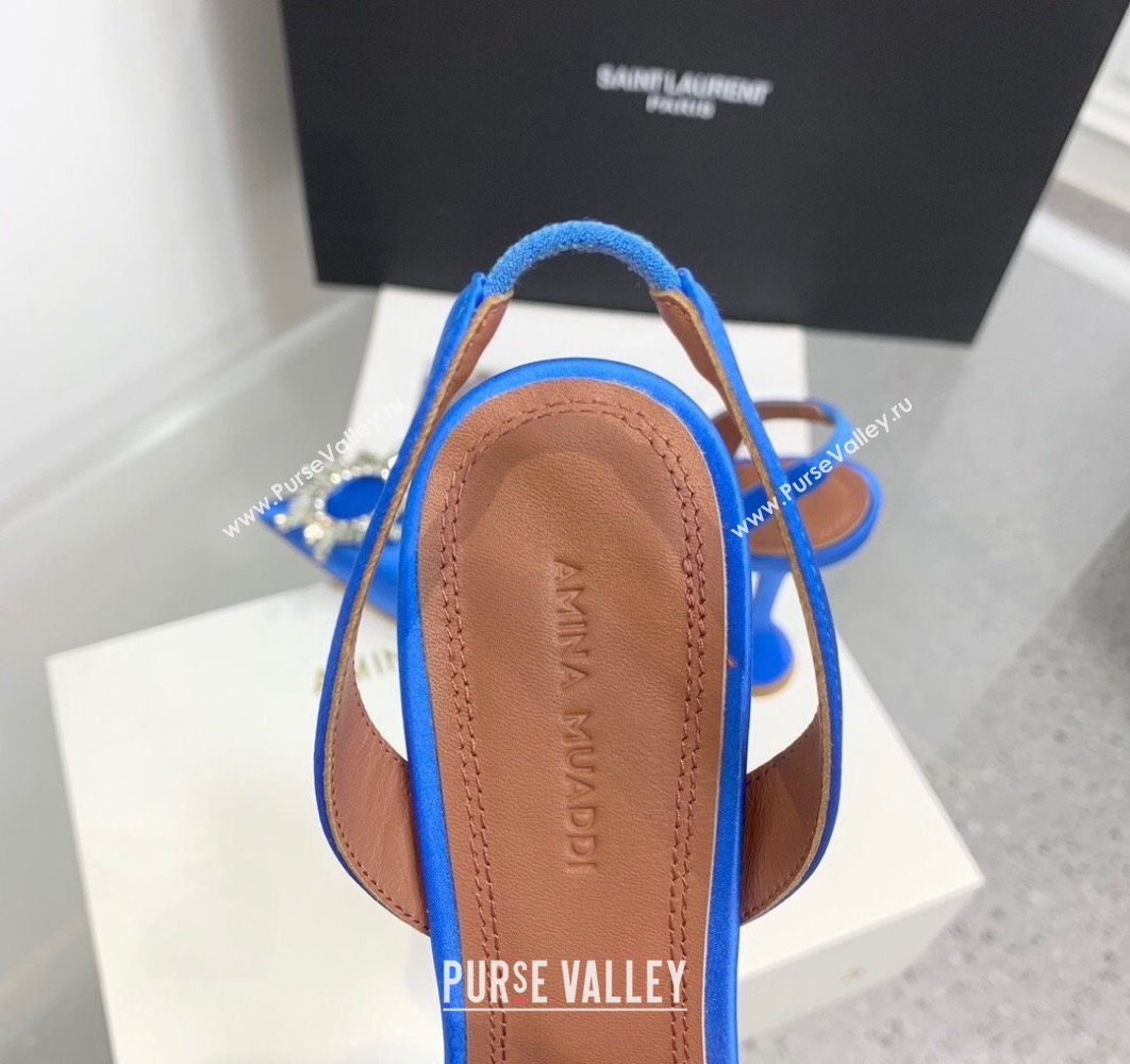 Amina Muaddi Heel 9.5cm Begum Sling Satin Blue 04 with Starbust embellished brooch (keer-23122120)