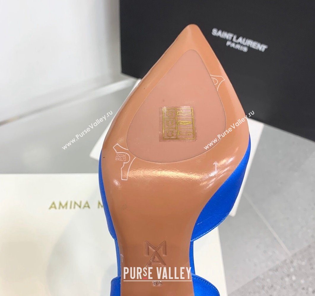 Amina Muaddi Heel 9.5cm Begum Sling Satin Blue 04 with Starbust embellished brooch (keer-23122120)