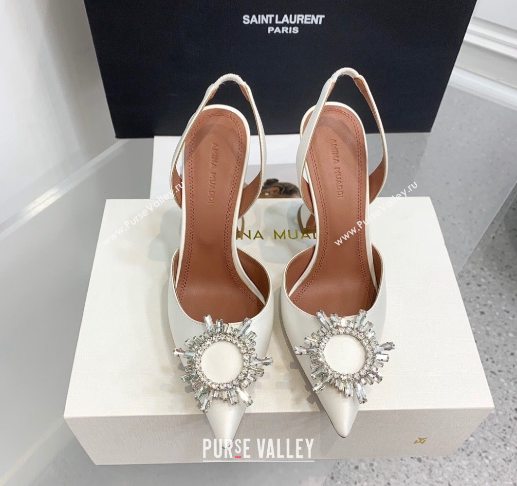 Amina Muaddi Heel 9.5cm Begum Sling Satin White with Starbust embellished brooch (keer-23122131)