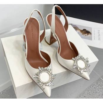 Amina Muaddi Heel 9.5cm Begum Sling Satin White with Starbust embellished brooch (keer-23122131)
