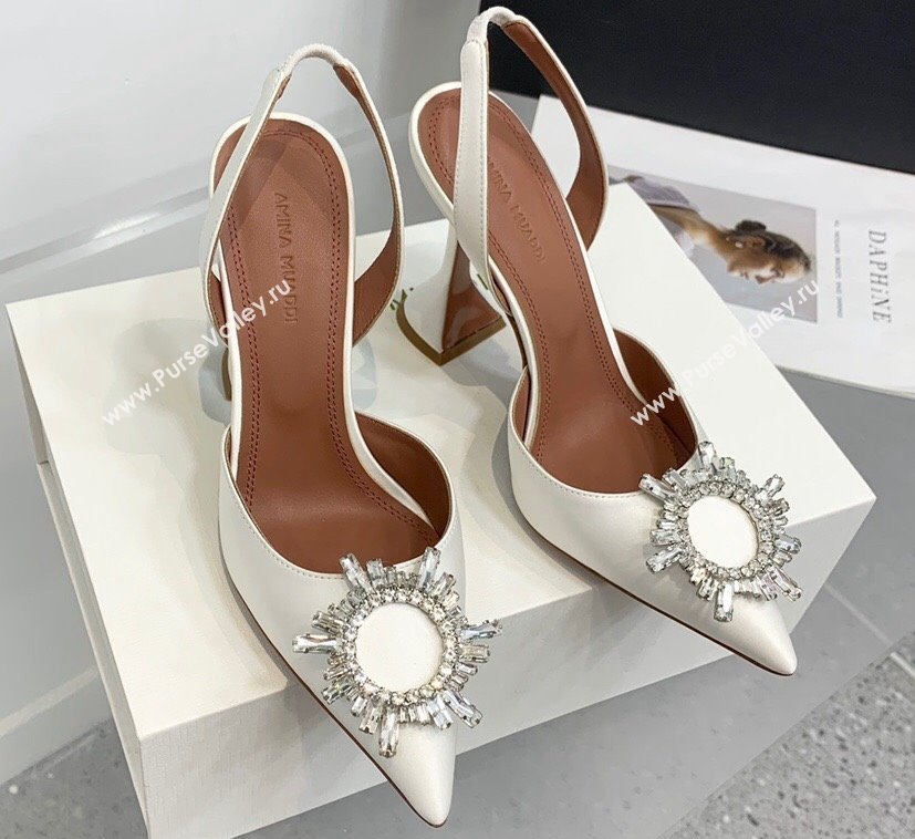 Amina Muaddi Heel 9.5cm Begum Sling Satin White with Starbust embellished brooch (keer-23122131)