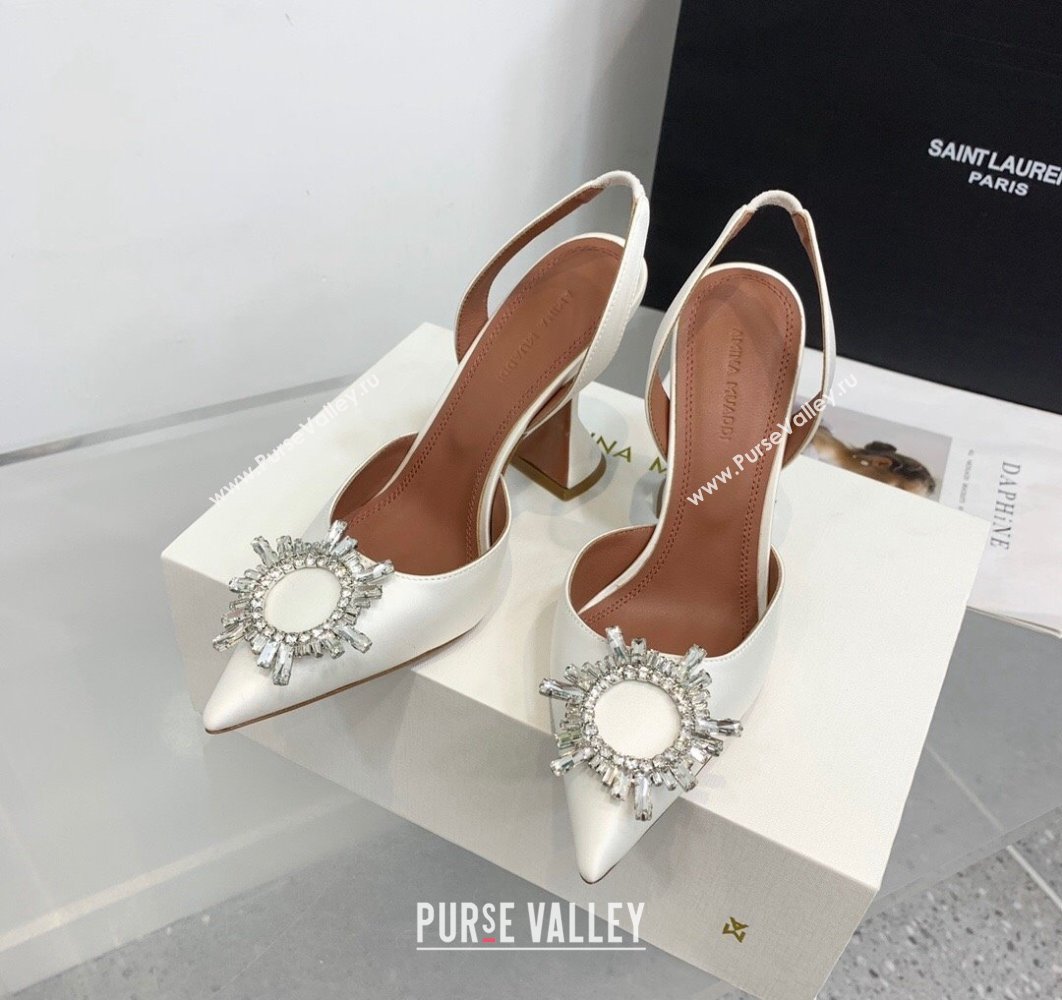 Amina Muaddi Heel 9.5cm Begum Sling Satin White with Starbust embellished brooch (keer-23122131)