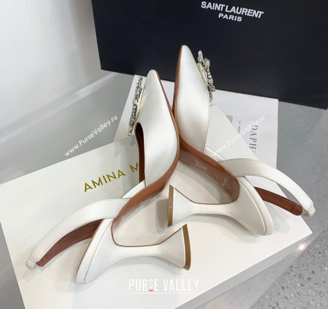 Amina Muaddi Heel 9.5cm Begum Sling Satin White with Starbust embellished brooch (keer-23122131)