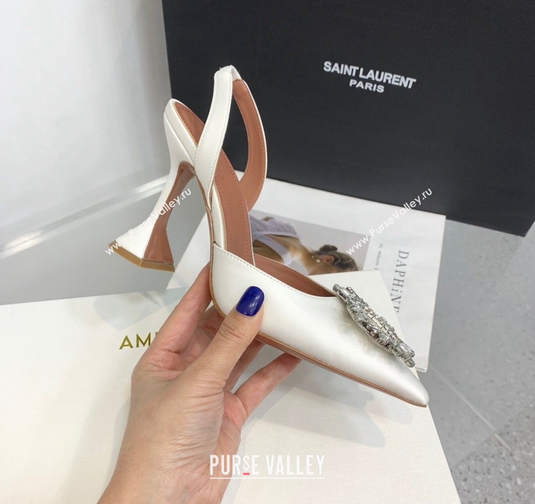 Amina Muaddi Heel 9.5cm Begum Sling Satin White with Starbust embellished brooch (keer-23122131)