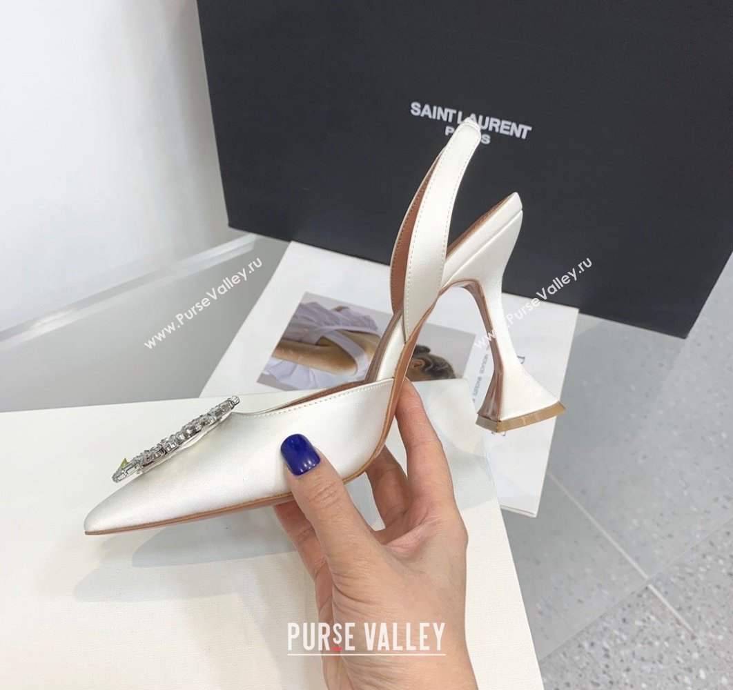 Amina Muaddi Heel 9.5cm Begum Sling Satin White with Starbust embellished brooch (keer-23122131)