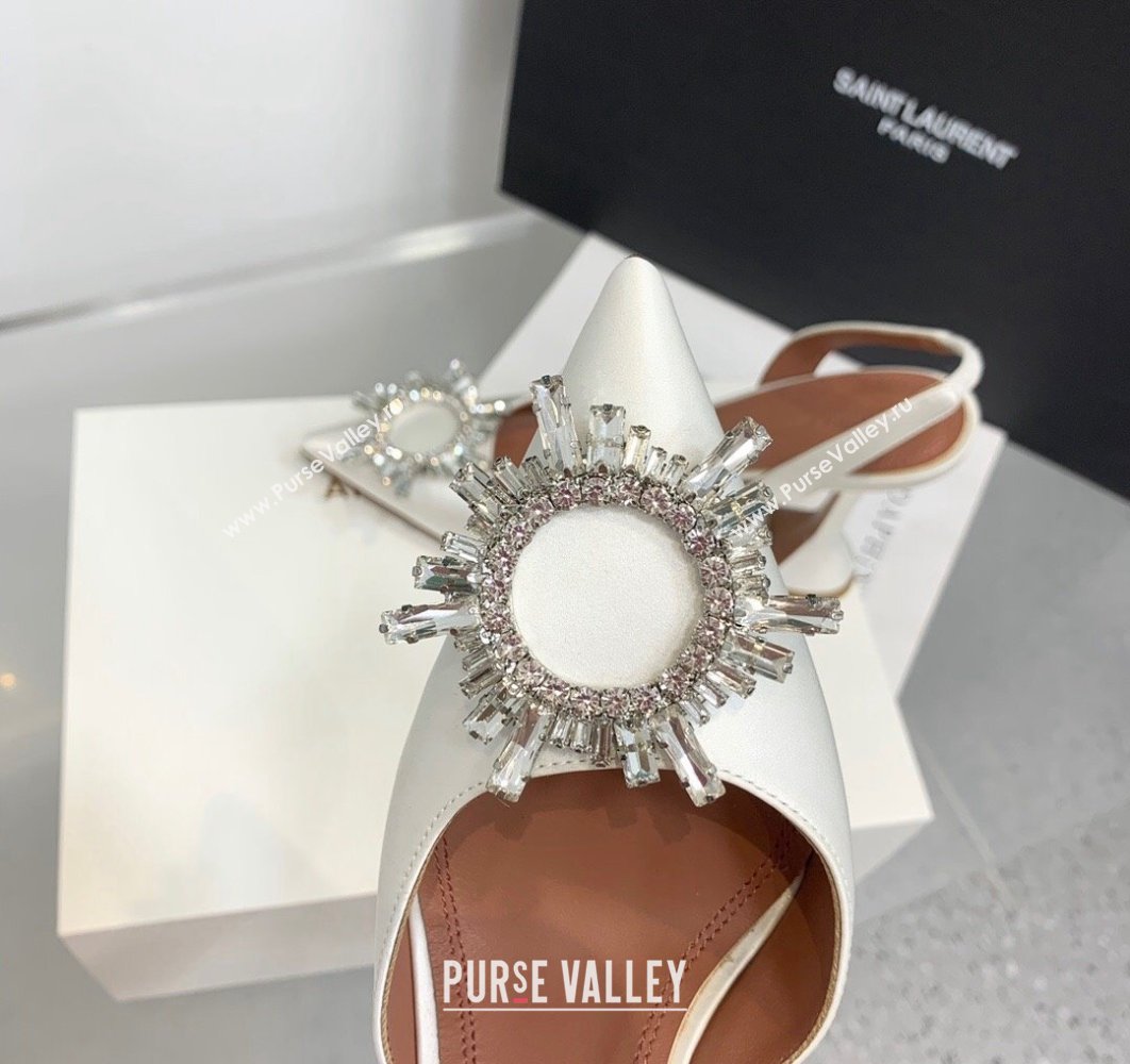 Amina Muaddi Heel 9.5cm Begum Sling Satin White with Starbust embellished brooch (keer-23122131)