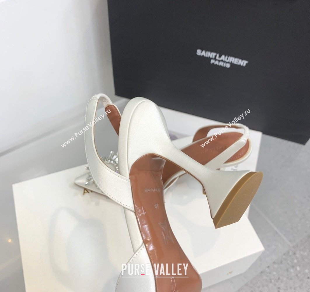 Amina Muaddi Heel 9.5cm Begum Sling Satin White with Starbust embellished brooch (keer-23122131)