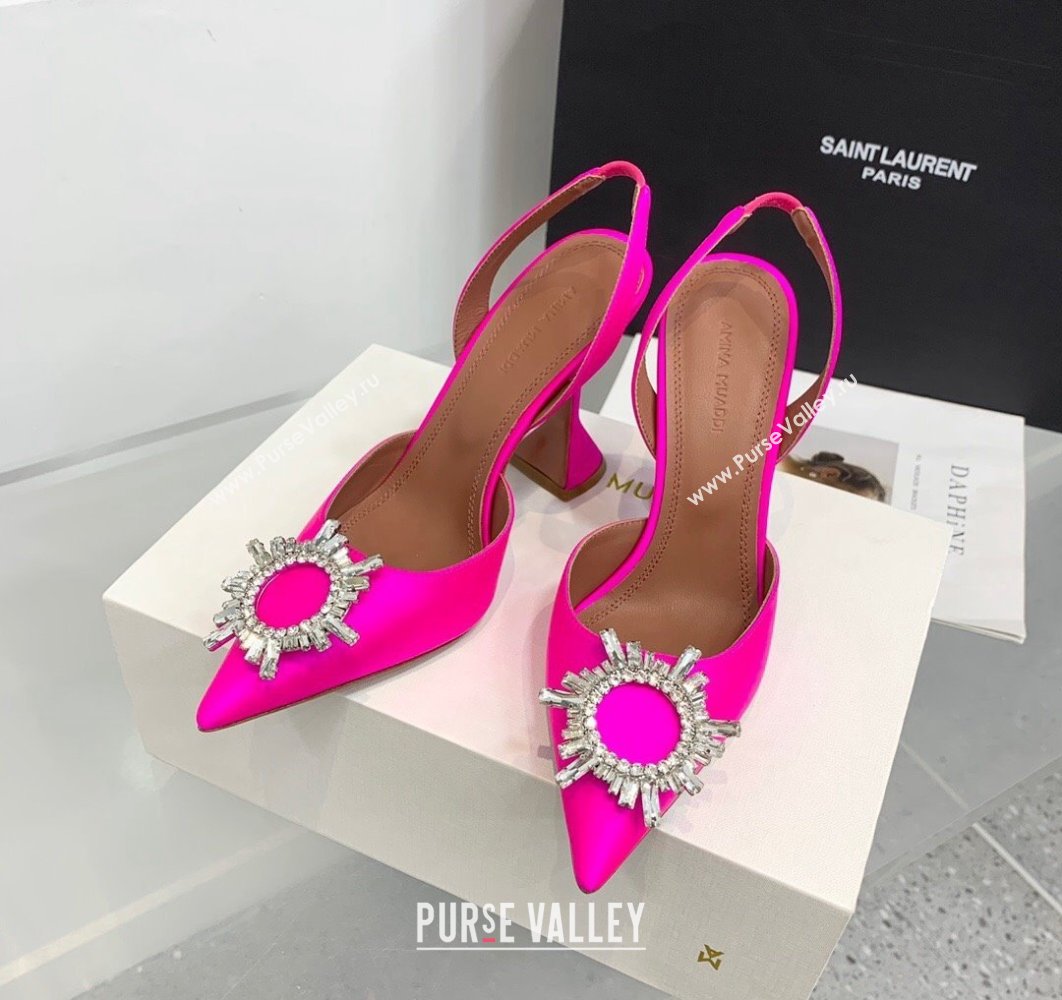 Amina Muaddi Heel 9.5cm Begum Sling Satin Fuchsia with Starbust embellished brooch (keer-23122129)
