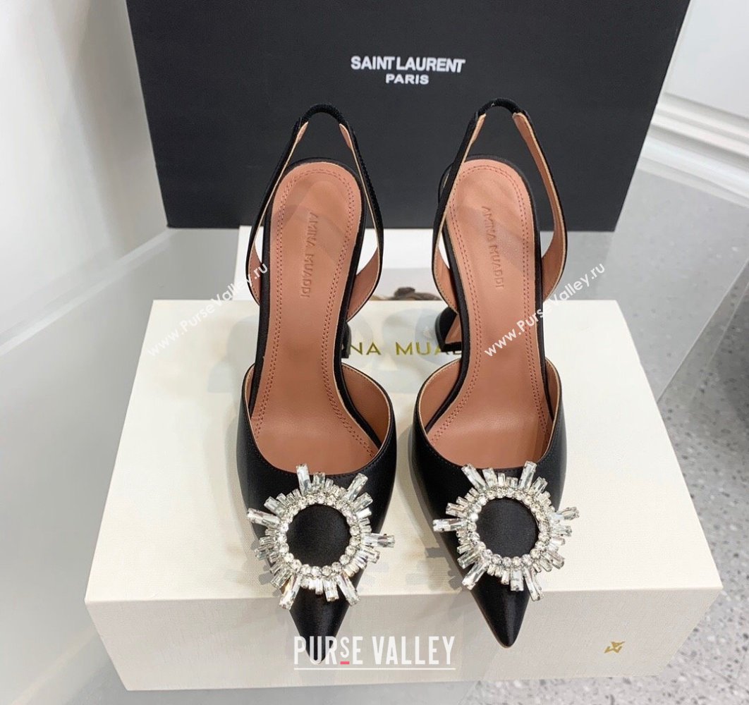 Amina Muaddi Heel 9.5cm Begum Sling Satin Black with Starbust embellished brooch (keer-23122132)