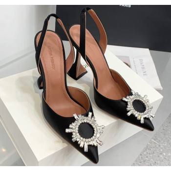 Amina Muaddi Heel 9.5cm Begum Sling Satin Black with Starbust embellished brooch (keer-23122132)