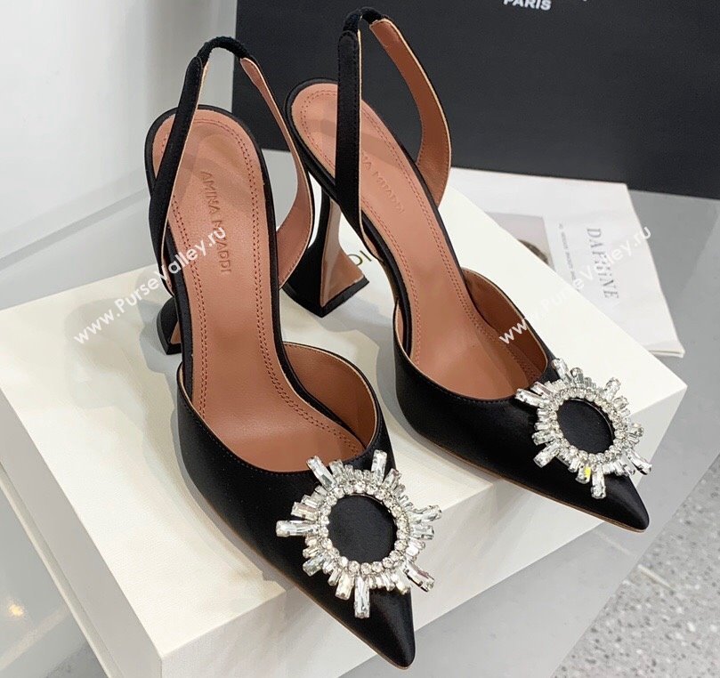 Amina Muaddi Heel 9.5cm Begum Sling Satin Black with Starbust embellished brooch (keer-23122132)