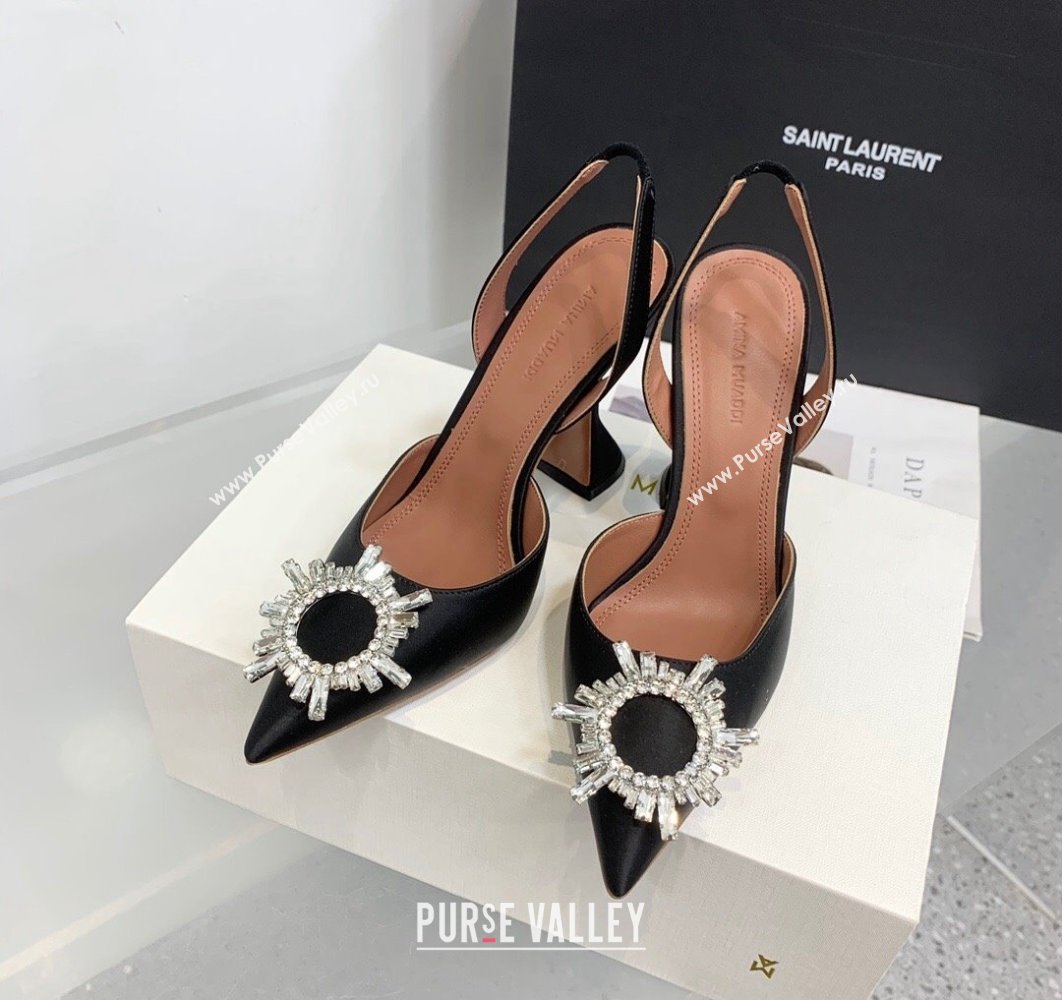 Amina Muaddi Heel 9.5cm Begum Sling Satin Black with Starbust embellished brooch (keer-23122132)