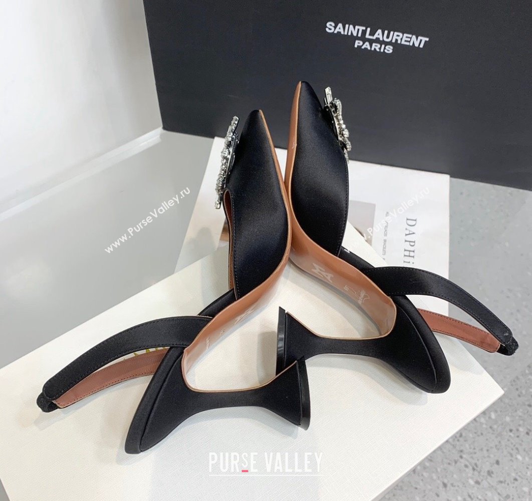 Amina Muaddi Heel 9.5cm Begum Sling Satin Black with Starbust embellished brooch (keer-23122132)