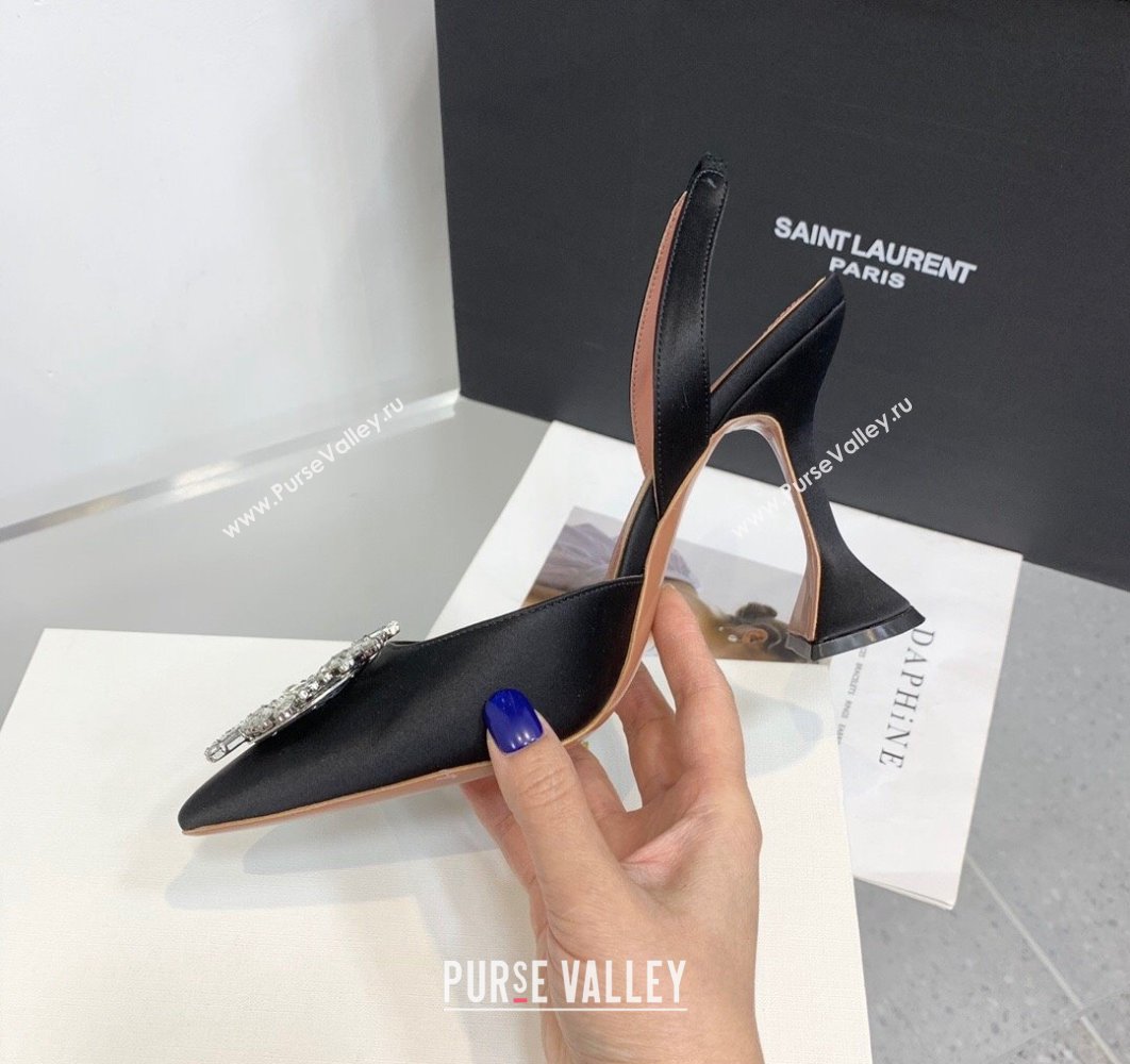 Amina Muaddi Heel 9.5cm Begum Sling Satin Black with Starbust embellished brooch (keer-23122132)