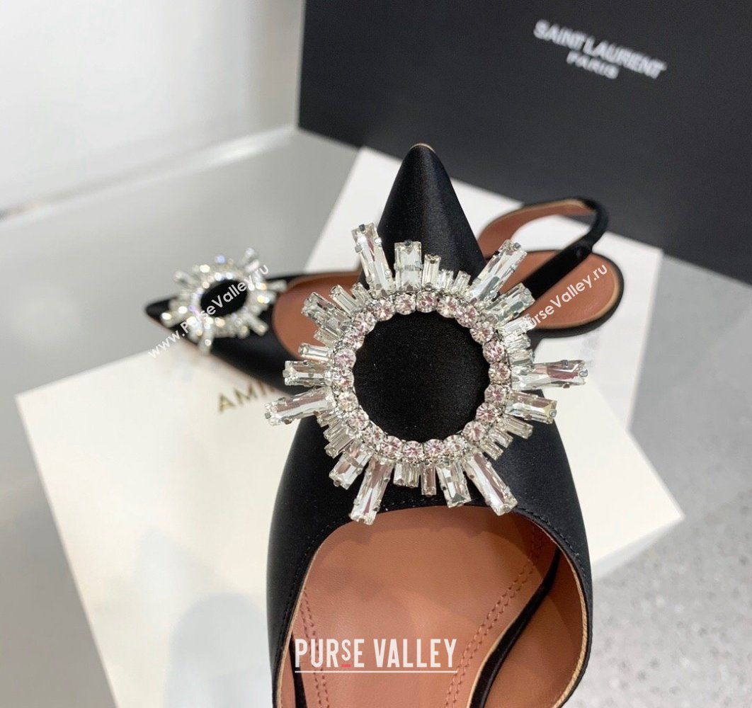 Amina Muaddi Heel 9.5cm Begum Sling Satin Black with Starbust embellished brooch (keer-23122132)