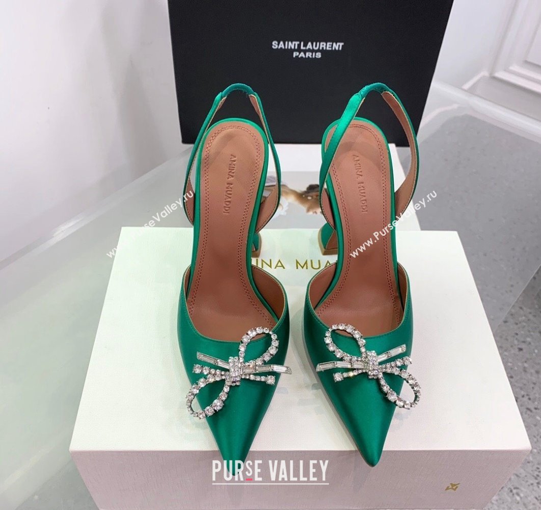 Amina Muaddi Heel 9.5cm Rosie Sling Satin Green with Crystal embellished bow accessory (keer-23122105)