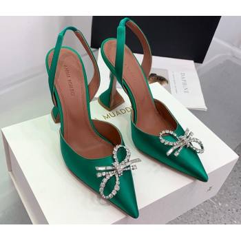 Amina Muaddi Heel 9.5cm Rosie Sling Satin Green with Crystal embellished bow accessory (keer-23122105)