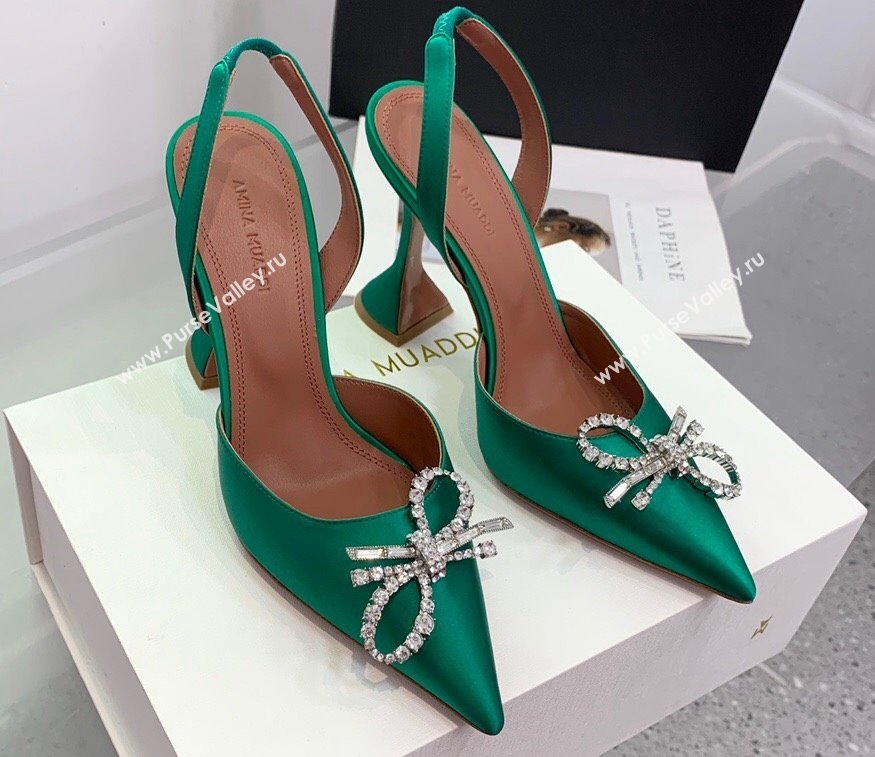 Amina Muaddi Heel 9.5cm Rosie Sling Satin Green with Crystal embellished bow accessory (keer-23122105)