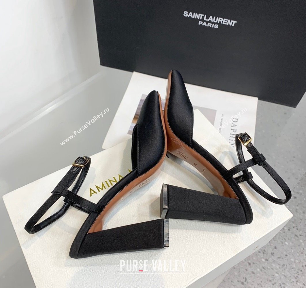 Amina Muaddi Heel 9.5cm Charlotte Pumps Satin Black 2024 (keer-23122139)