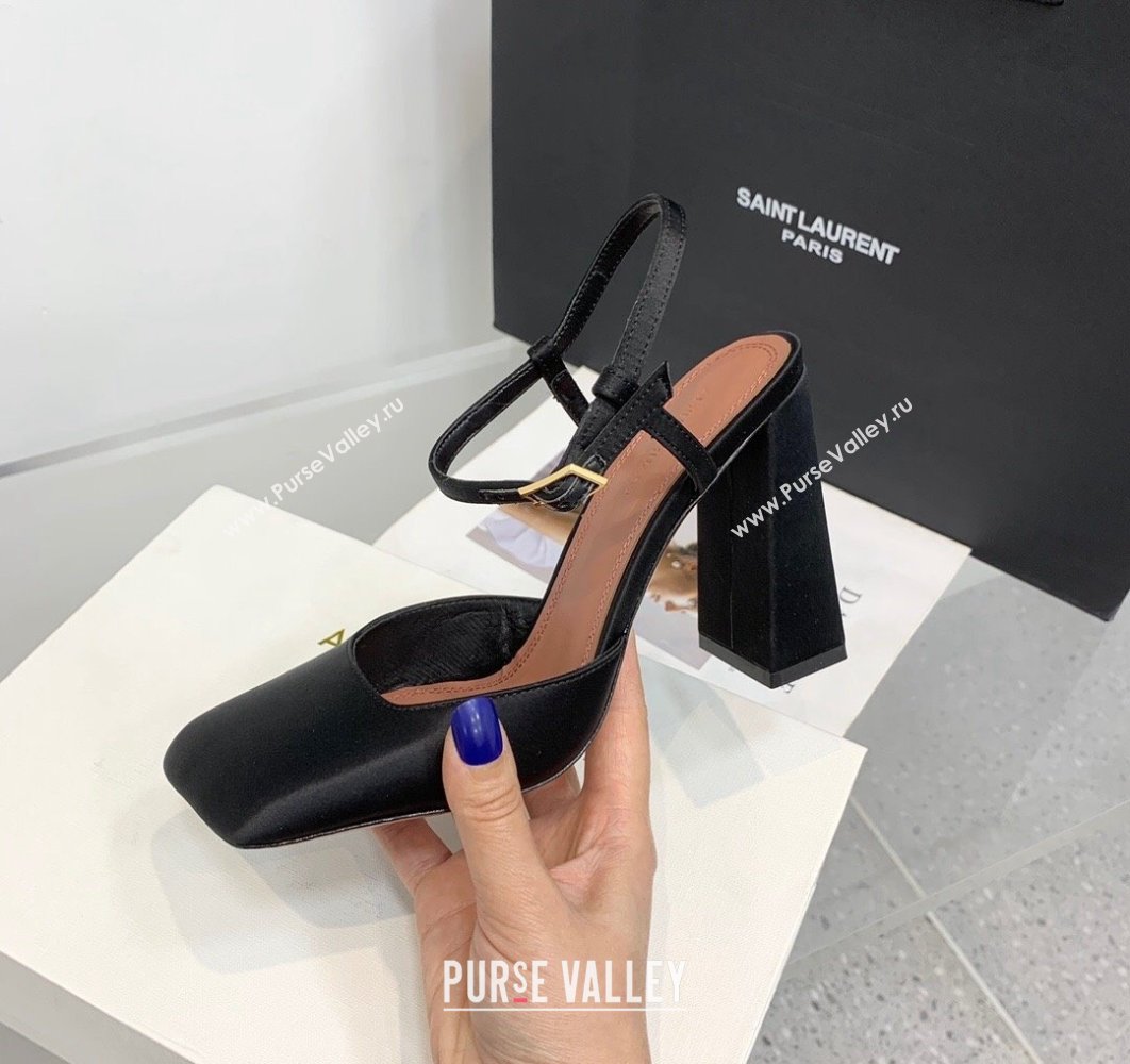 Amina Muaddi Heel 9.5cm Charlotte Pumps Satin Black 2024 (keer-23122139)