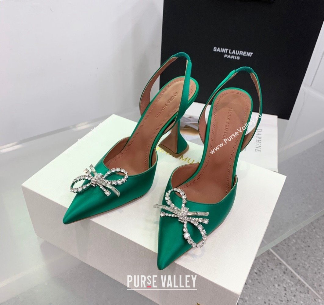 Amina Muaddi Heel 9.5cm Rosie Sling Satin Green with Crystal embellished bow accessory (keer-23122105)