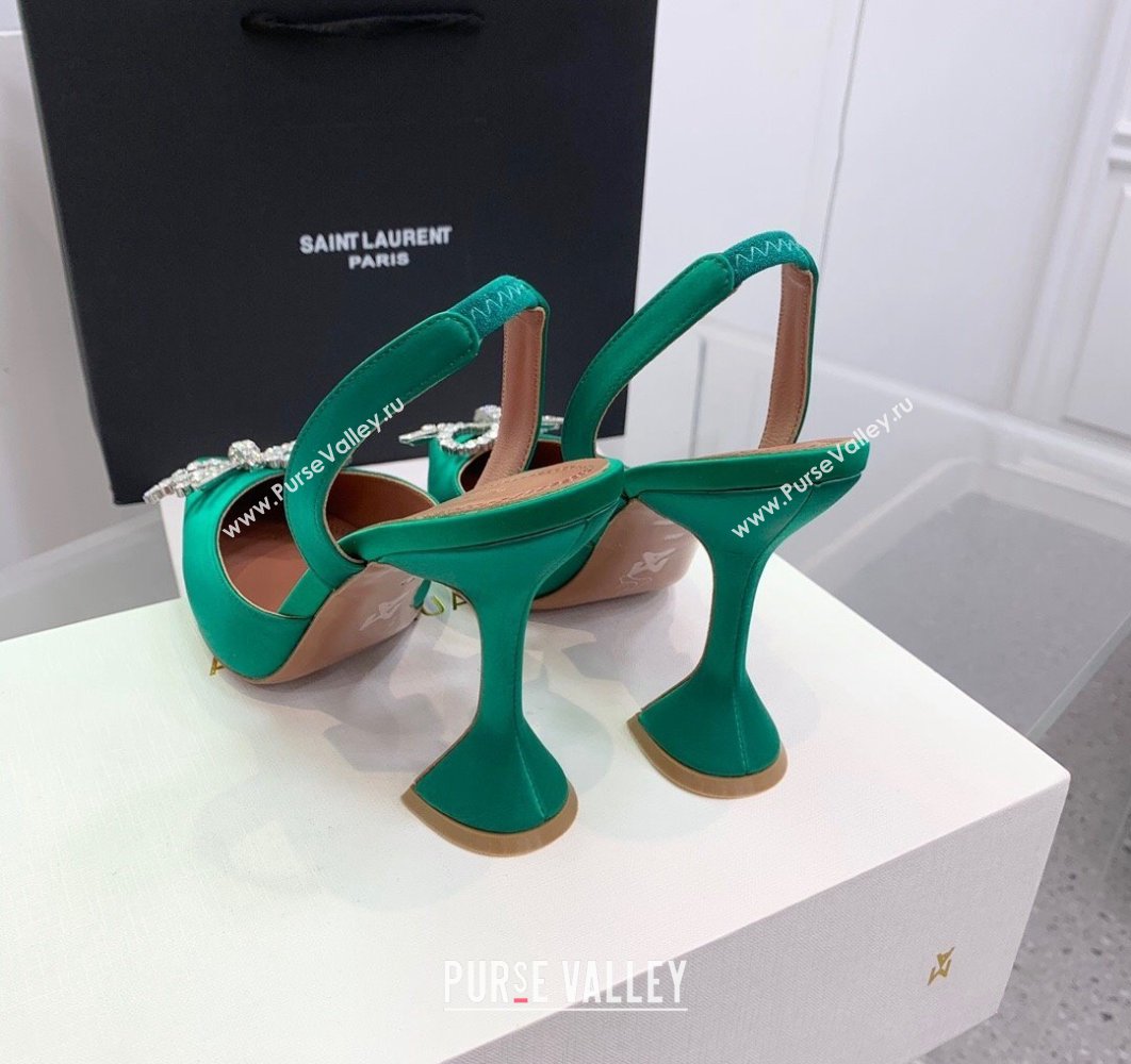 Amina Muaddi Heel 9.5cm Rosie Sling Satin Green with Crystal embellished bow accessory (keer-23122105)