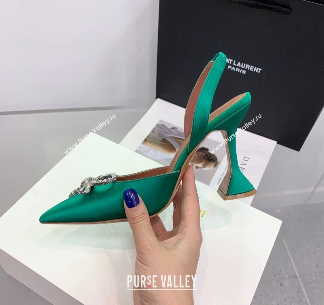 Amina Muaddi Heel 9.5cm Rosie Sling Satin Green with Crystal embellished bow accessory (keer-23122105)