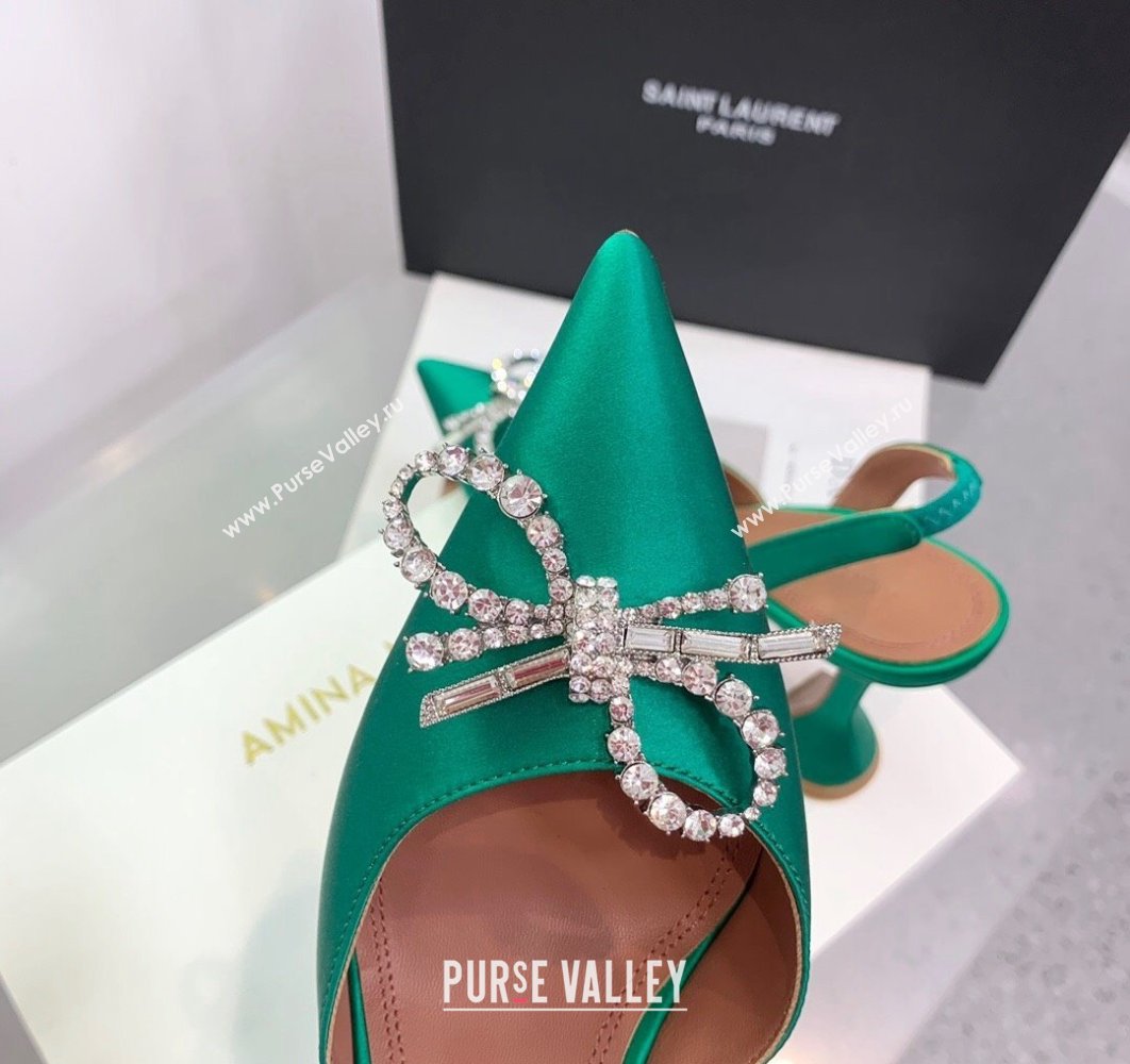 Amina Muaddi Heel 9.5cm Rosie Sling Satin Green with Crystal embellished bow accessory (keer-23122105)