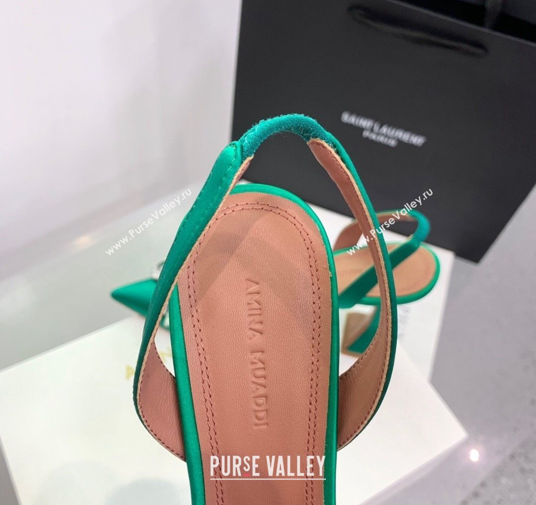 Amina Muaddi Heel 9.5cm Rosie Sling Satin Green with Crystal embellished bow accessory (keer-23122105)
