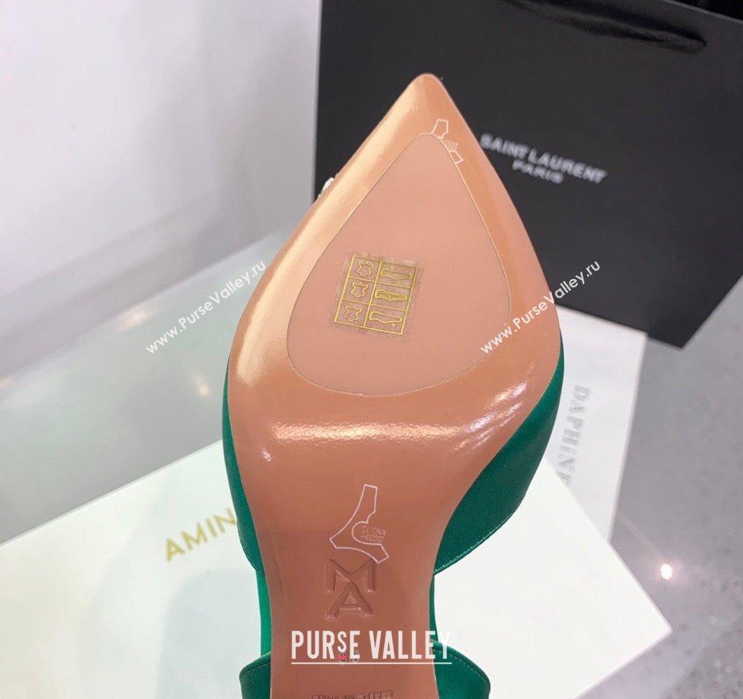 Amina Muaddi Heel 9.5cm Rosie Sling Satin Green with Crystal embellished bow accessory (keer-23122105)