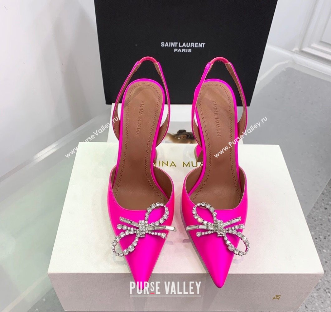 Amina Muaddi Heel 9.5cm Rosie Sling Satin Fuchsia with Crystal embellished bow accessory (keer-23122107)