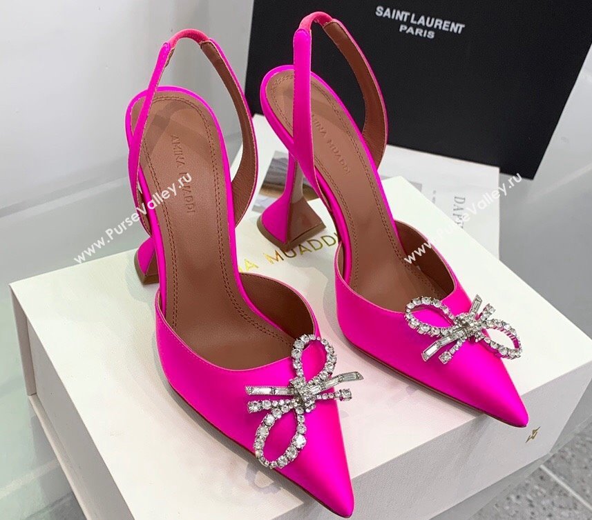 Amina Muaddi Heel 9.5cm Rosie Sling Satin Fuchsia with Crystal embellished bow accessory (keer-23122107)