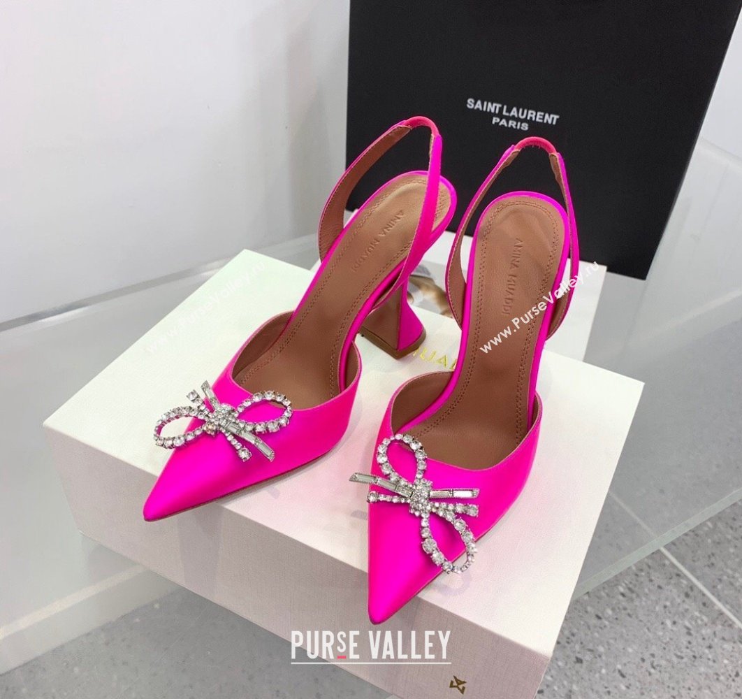 Amina Muaddi Heel 9.5cm Rosie Sling Satin Fuchsia with Crystal embellished bow accessory (keer-23122107)