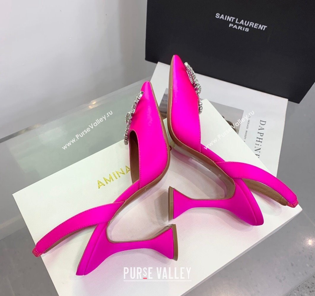 Amina Muaddi Heel 9.5cm Rosie Sling Satin Fuchsia with Crystal embellished bow accessory (keer-23122107)