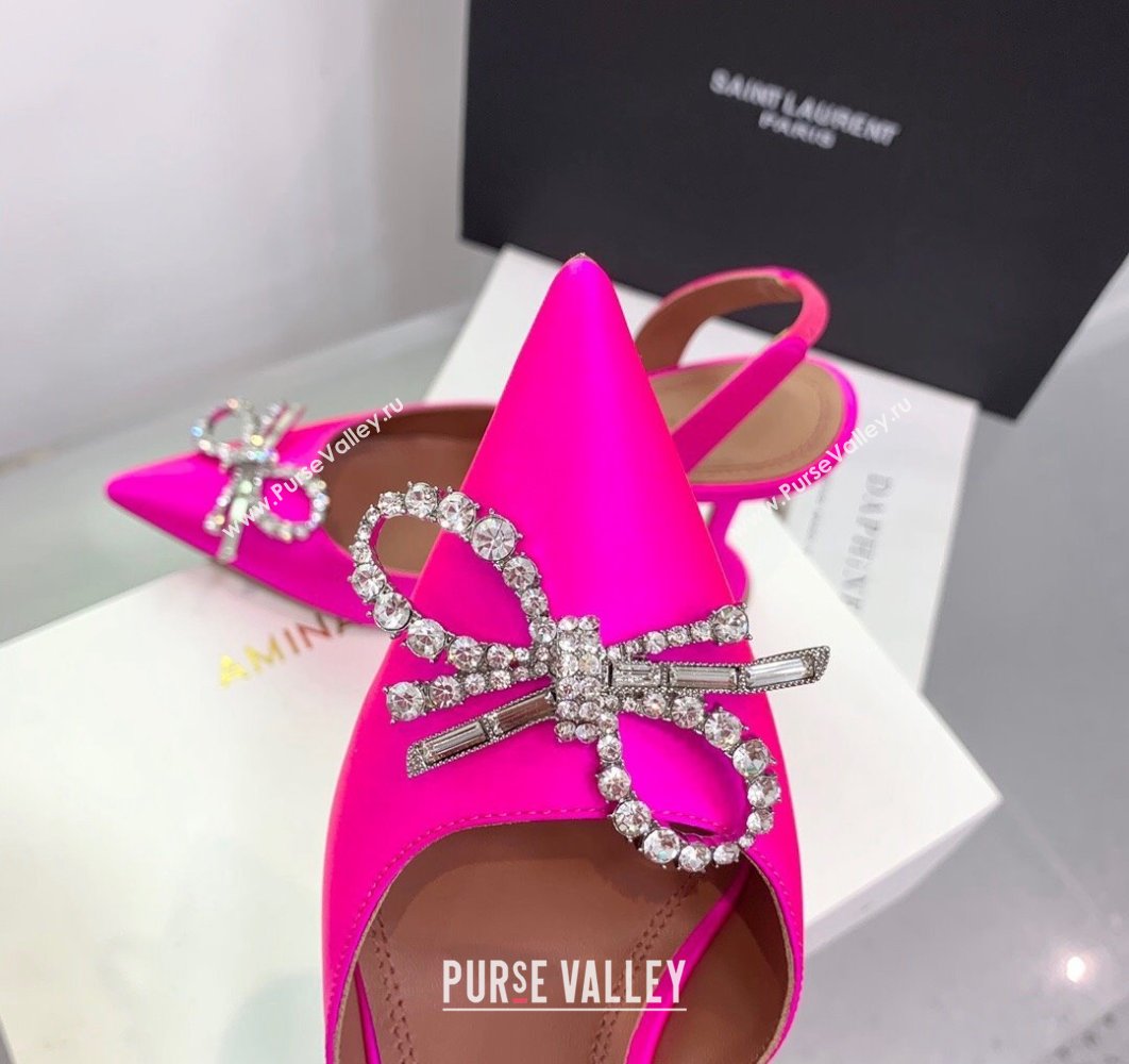 Amina Muaddi Heel 9.5cm Rosie Sling Satin Fuchsia with Crystal embellished bow accessory (keer-23122107)