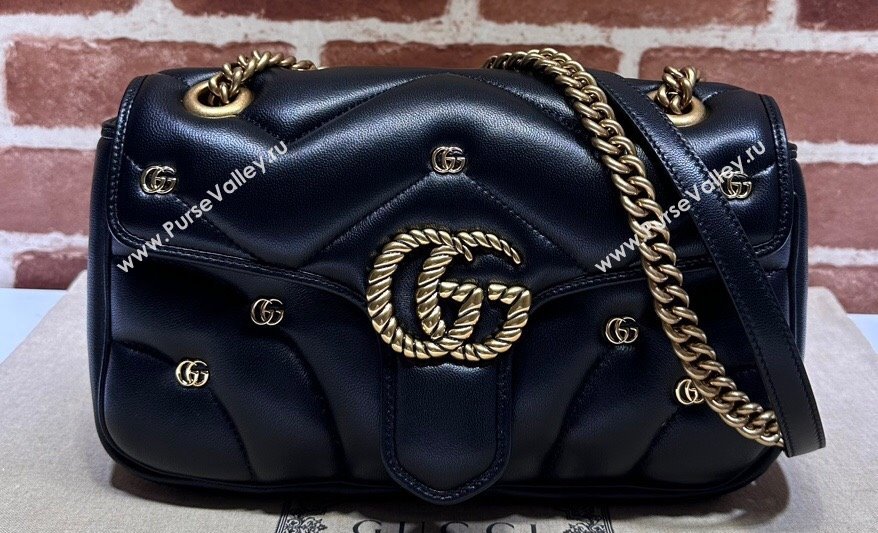 Gucci GG Marmont small shoulder bag 443497 Leather Black with small Double G studs 2024 (dlh-23122118)