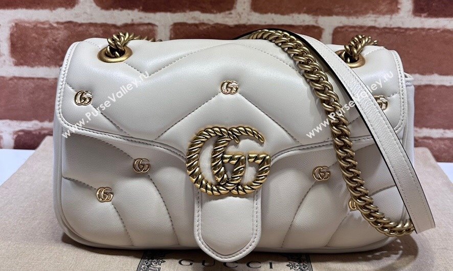 Gucci GG Marmont small shoulder bag 443497 Leather White with small Double G studs 2024 (dlh-23122119)